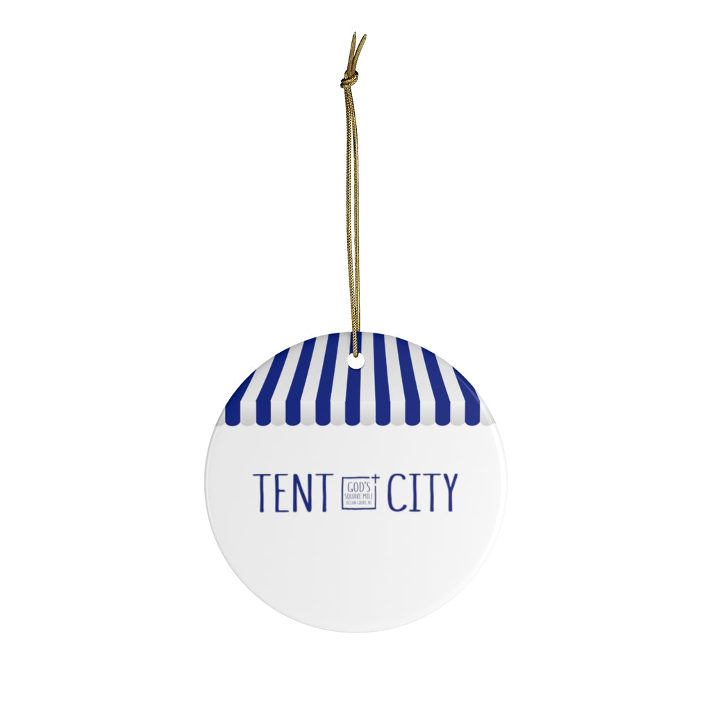 Tent City Ceramic Christmas Ornament: Blue and White Stripe